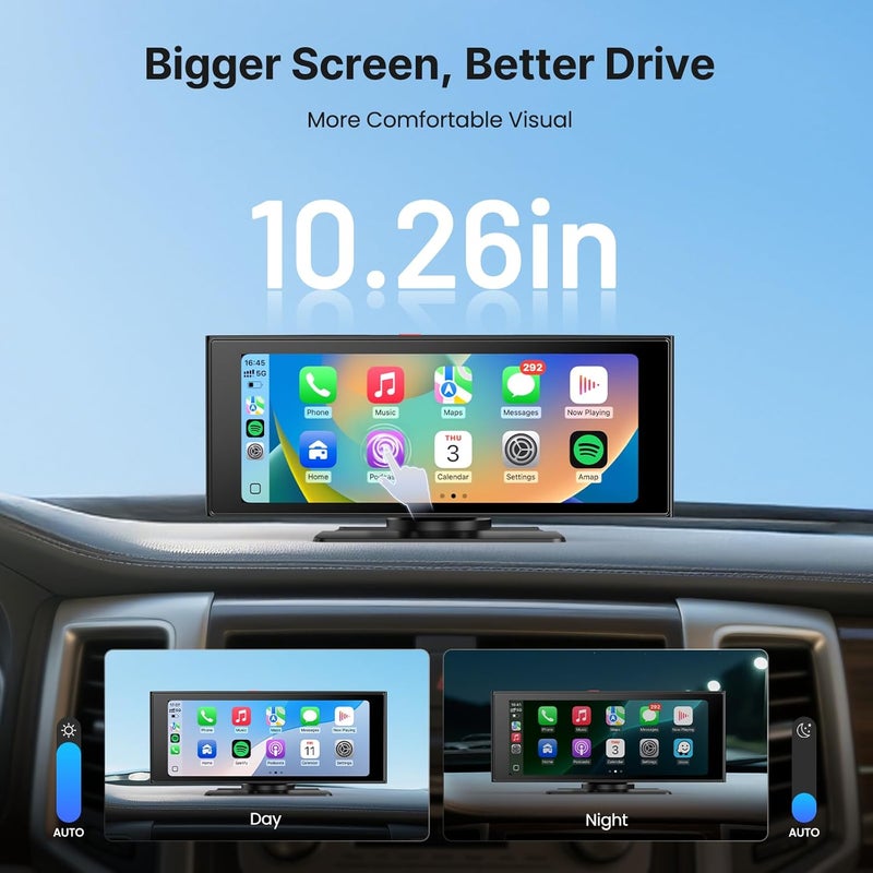 WonVon Wireless Car Play Screen, 10.26'' Monitor with Apple Carplay & Android Auto, 4K Portable Smart Touch Tablet Stereo Multimedia Dashboard, Bluetooth/FM/GPS/AUX - Image 5